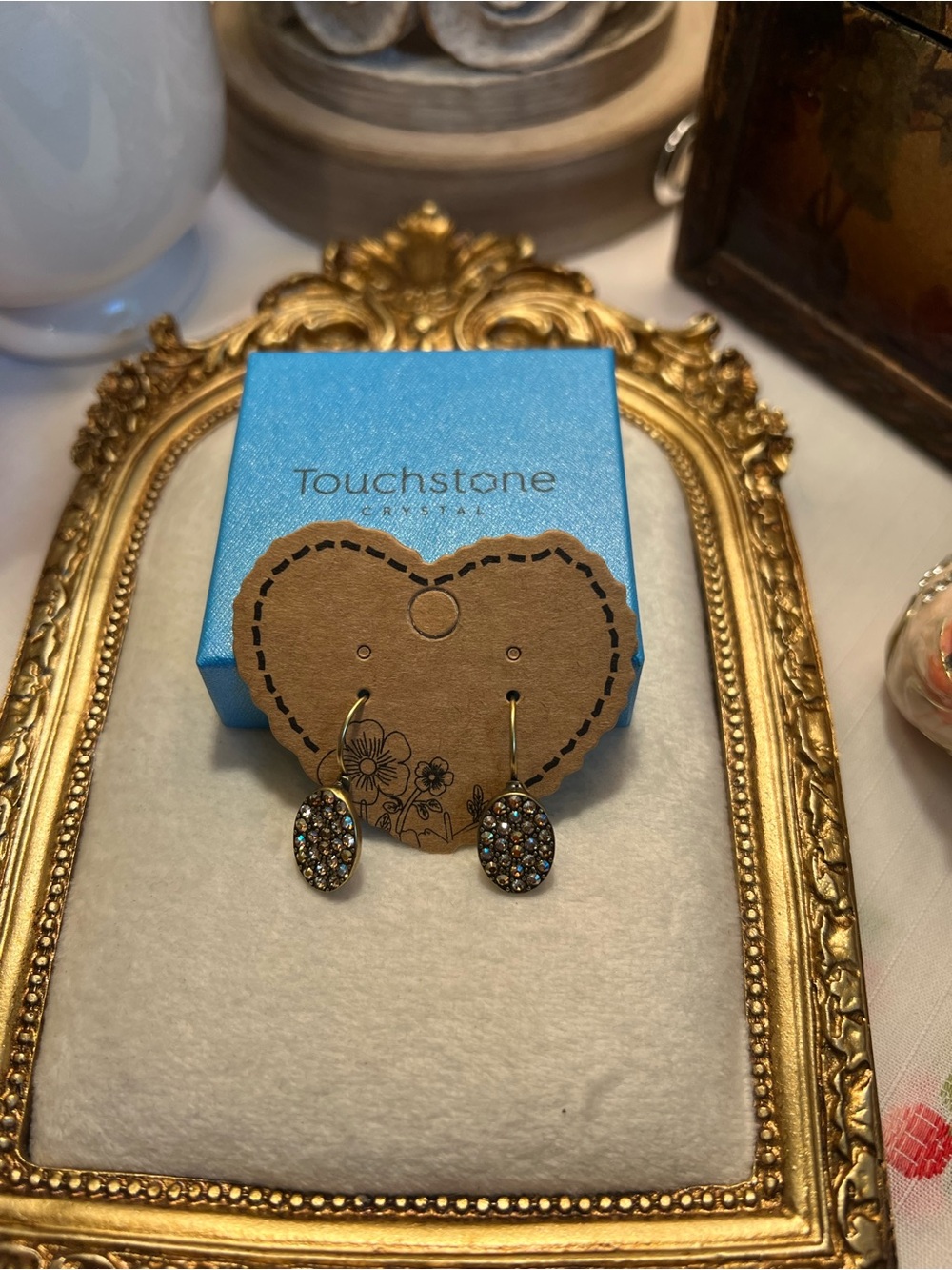 Touchstone Crystal Gold-Tone Pavé Oval Drop Earrings - Blue and Gray Crystals